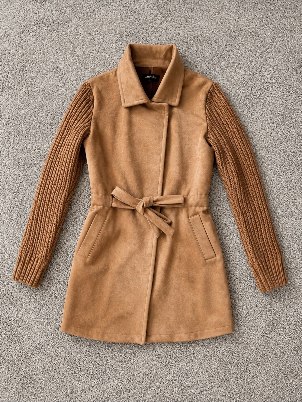 Alice Blue Camel Trench Coat with Knit Sleeves